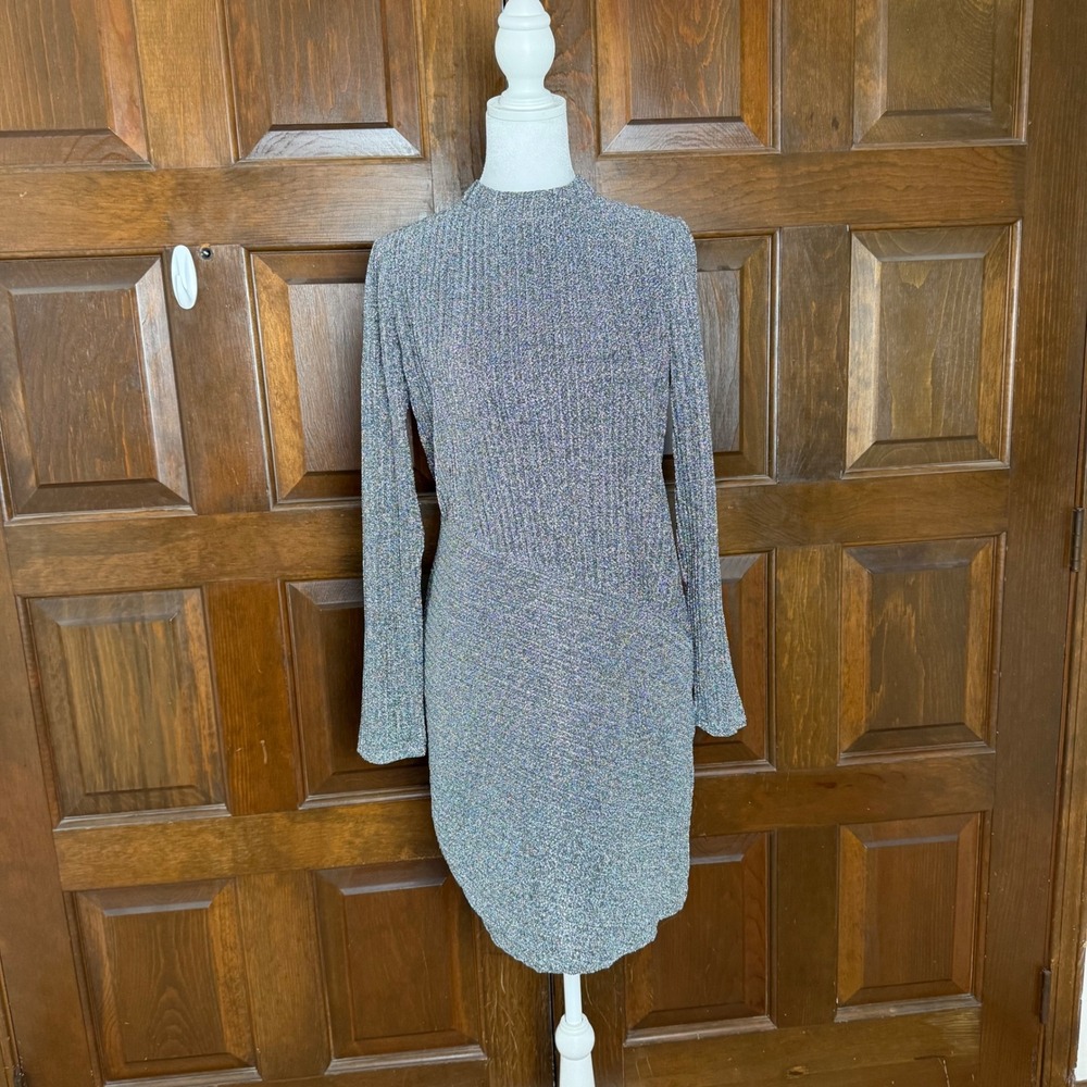 NEW Reiss Long Sleeve Ribbed Metallic Candy Party Dress US 8 Sheath Glam Mock